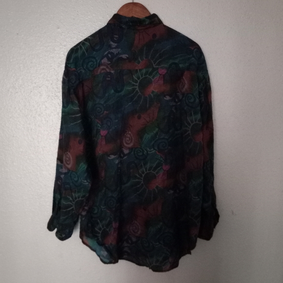 Punch Vintage L Silk Button Down Volcano Sun Pattern Top Blouse Turquoise Tan - Picture 6 of 16